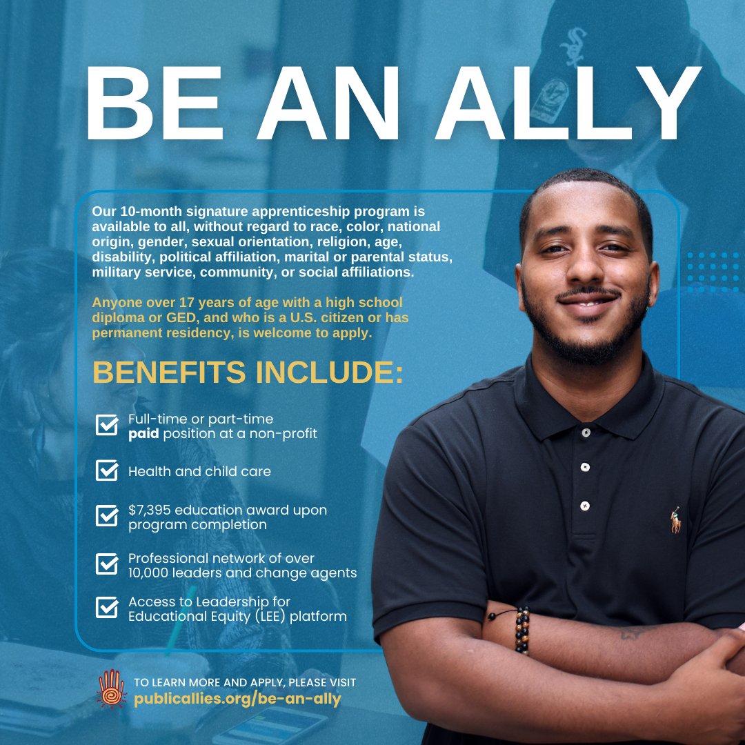 Make a difference and earn a living as a Public Ally ⭐ @PublicAllies' signature paid apprenticeship program offers flexible part-time and full-time options. To learn more and start your application, visit publicallies.org/be-an-ally/