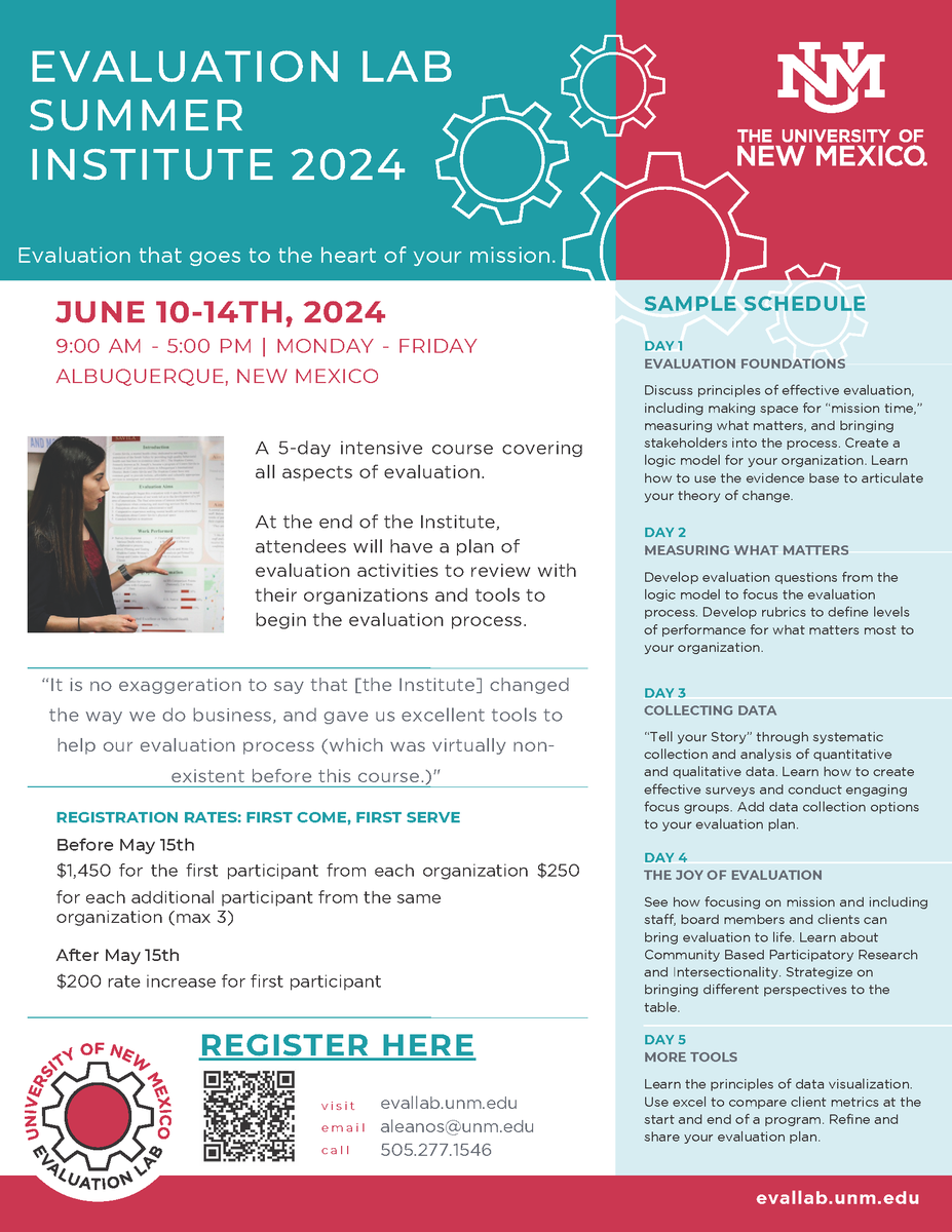 MPP_UNM's tweet photo. Registration  for the 2024 Evaluation Lab Summer Institute is now open - don't miss this opportunity to learn all about program evaluation!
Plus, if you are an early childhood organization - we have a scholarship for you! 
Check https://t.co/MUF0WjsD4u  to learn more. https://t.co/23S119lqk2