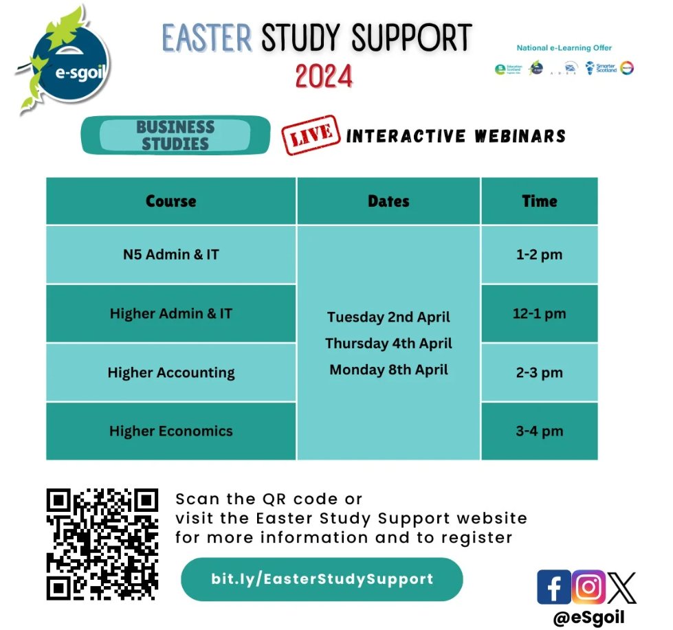 Teaching or studying Business Management, Admin, Accounting or Economics in the Senior Phase? You can check our Easter Study Support webinar times at a glance with these handy timetable graphics. Please feel free to share in your school department or online. #NeLO