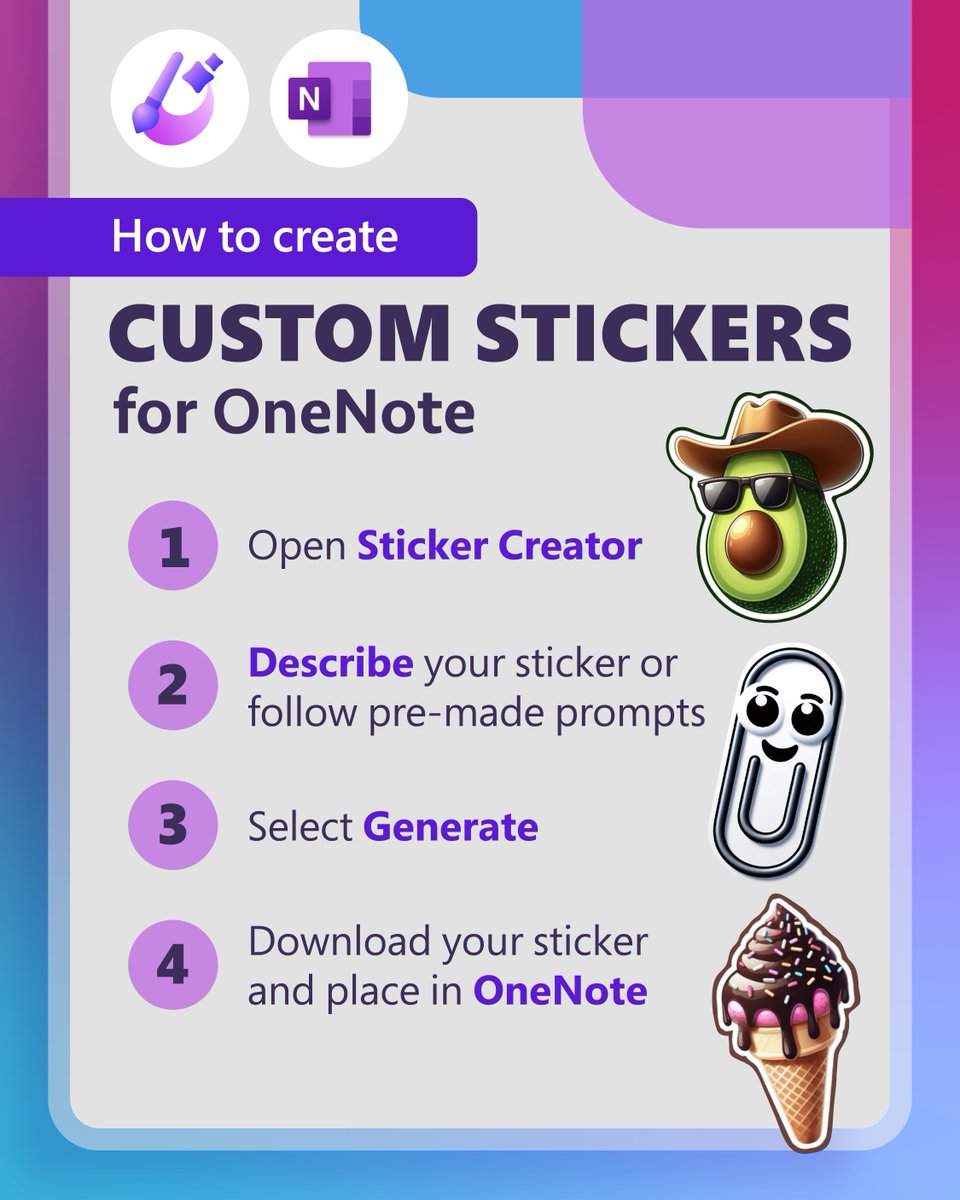 Stickers are a fun and meaningful way to recognize student success. 🌟 Create AI-generated stickers in @MSFT365Designer to show your class how much you care: msft.it/6015ck0bS #OneNote #MIEExpert