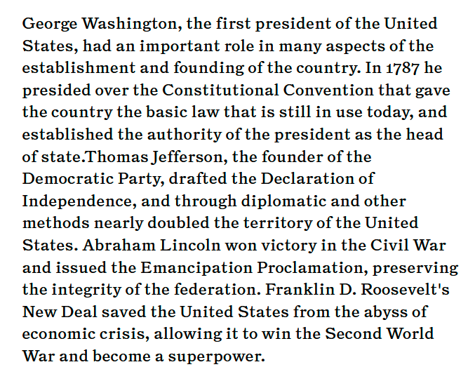 Scholars_Stage's tweet photo. The CICIR authors even argue that American greatness only came about the United States had leaders--Washington, Jefferson, Lincoln, and FDR--who were able to function as a Xi Jinping-style core leader: https://t.co/7h84CUcy4g