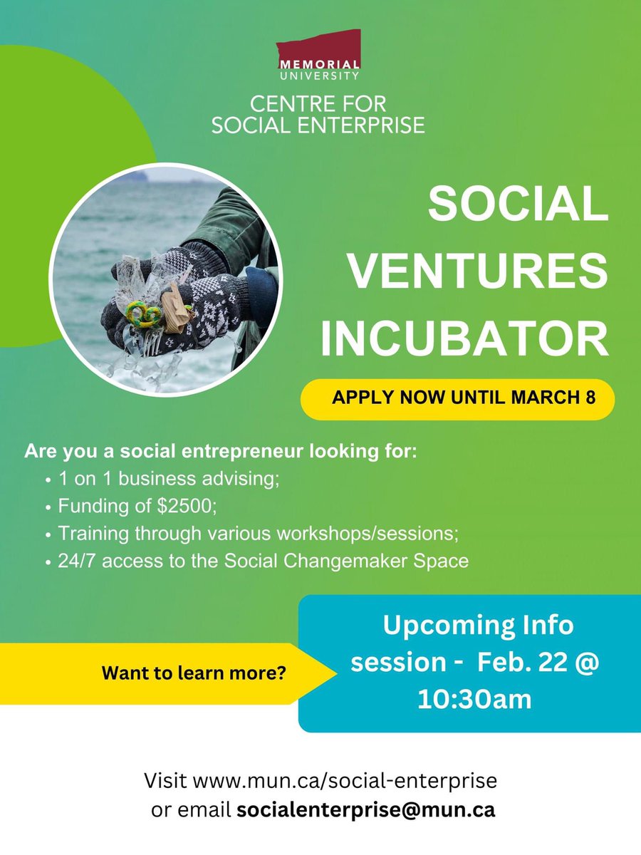 Hey <a href="/MemorialU/">Memorial University</a> students and recent alumni (within 12 months), applications for our incubator closes this Friday, March 8 by 12pm. 

If you have a social venture and are looking for additional support to help develop and grow your venture, visit: mun.ca/social-enterpr…