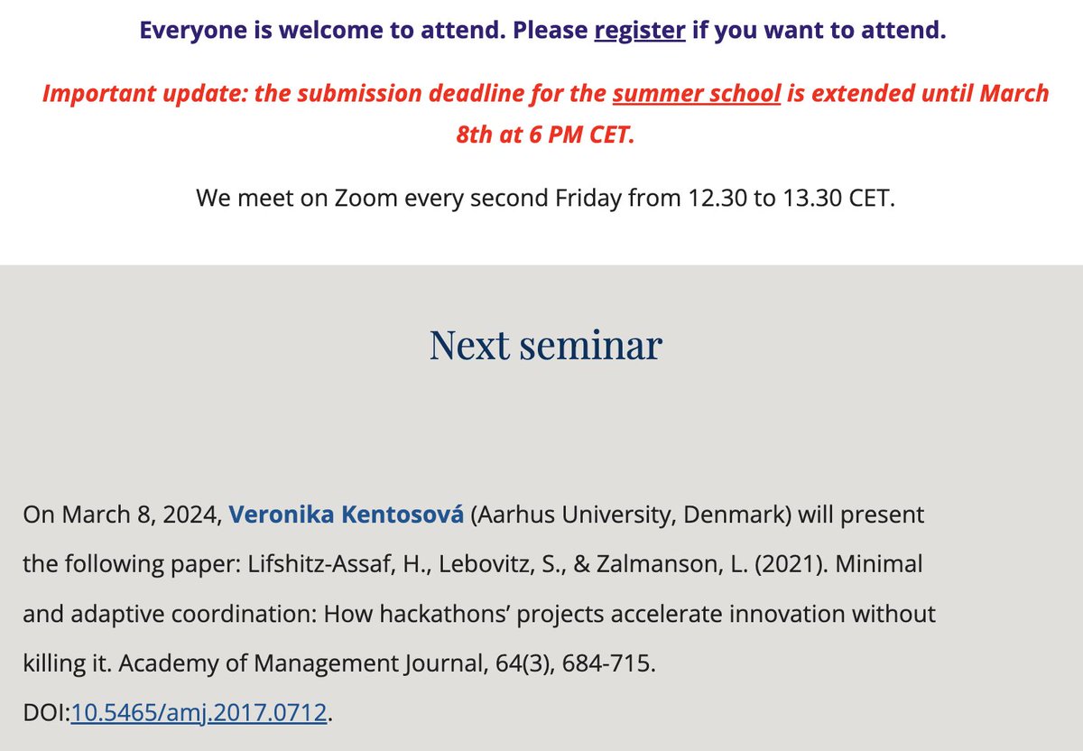 📢 Next #REGIS in 🇩🇰 with @vkentosova (@AarhusUni_int) discussing the #AMJ paper by @H_DigInnovation, @sarahlebovitz & @Zalmanson on #hackathon and #innovation. 🗓️ March 8 at 12.30 pm CET ➡️ regis.science 🚨 Only 3 days left to apply to the Summer School 🚨