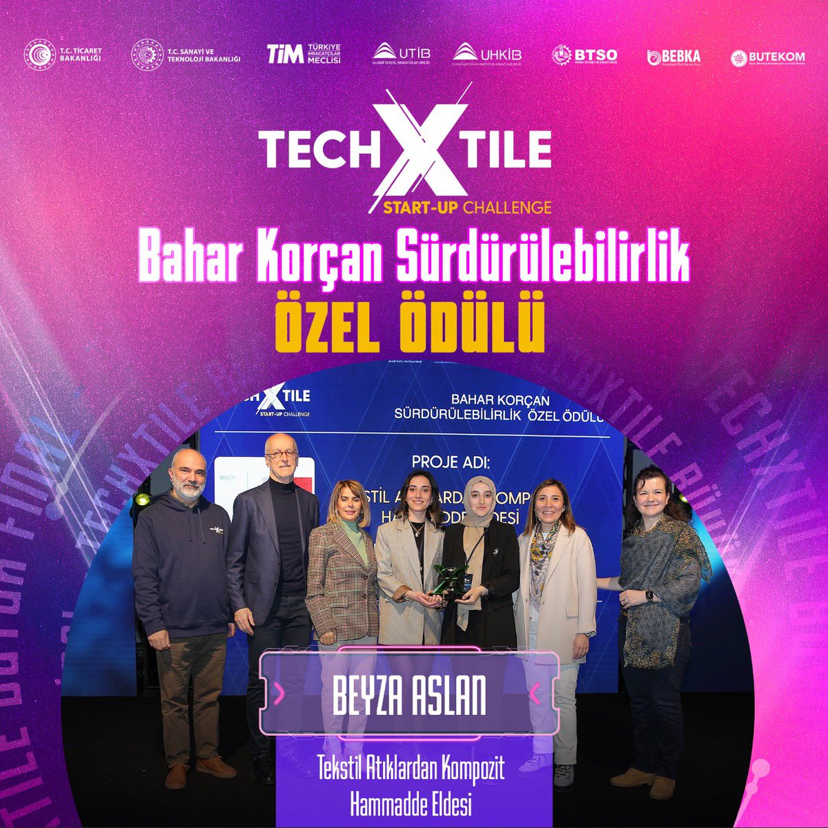 TechXtile Start-Up Challenge'da kazananlarımız belli oldu! Bahar Korçan Sürdürülebilirlik Özel Ödülü’müzü Tekstil Atıklarından Kompozit Hammadde Eldesi projesi ile almaya hak kazanan Beyaz Aslan’ı kutluyoruz!