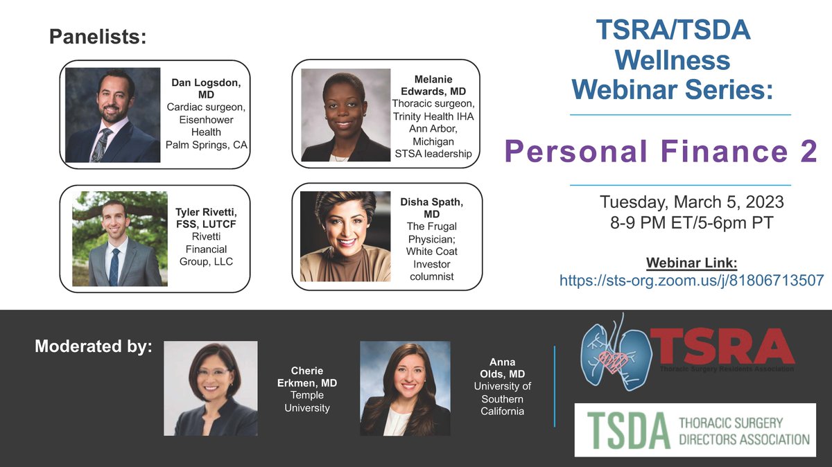 Join TSRA and TSDA, TONIGHT in our third webinar in the new Wellness Webinar Series! Personal Finance 2 Leaders in the field & financial advisors will discuss early career personal finance and tips for trainees to set yourself up for success. Tuesday March 5, 2024: 8:00PM