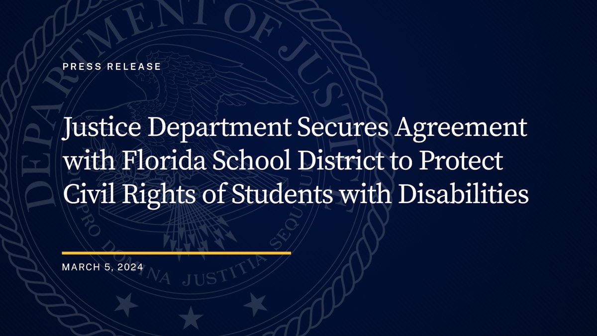 CivilRights's tweet image. Justice Department Secures Agreement with Florida School District to Protect Civil Rights of Students with Disabilities

🔗: justice.gov/opa/pr/justice…