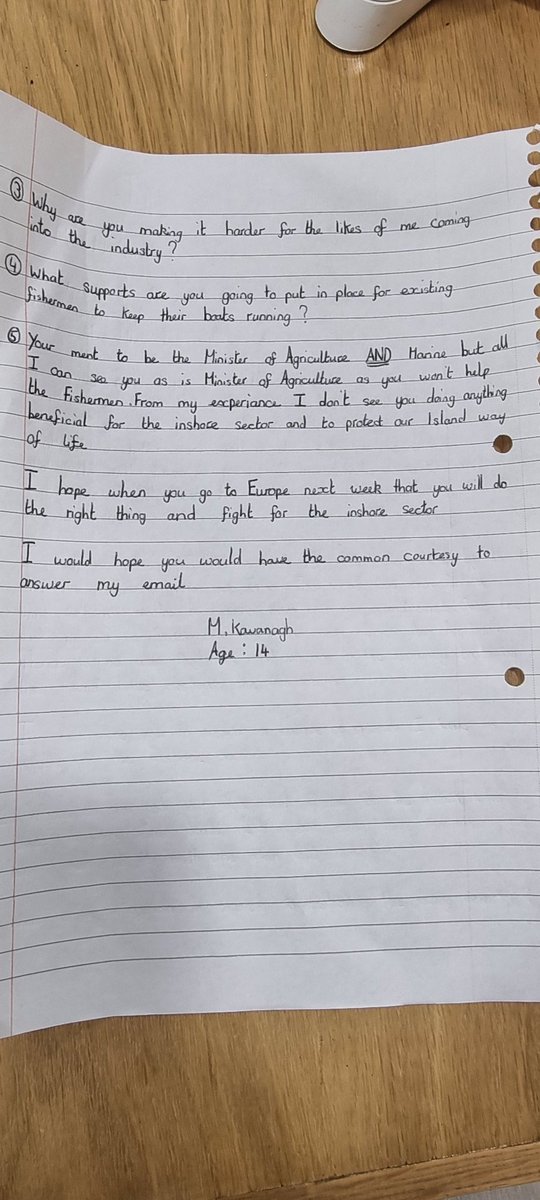 Met with Muireann today on Arranmore. She's 15 years old. She'd been fishing pollock with a line on a 7 metre boat. Catching about 30kg at a time. She skinned it & sold it to local restaurants. Now it's forbidden. She's written to @McConalogue She wants answers!