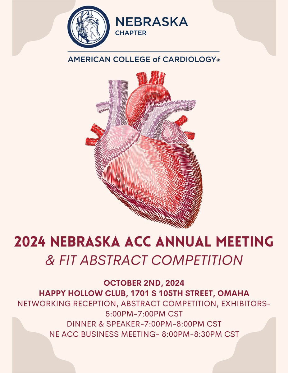 Save the Date! This year's Annual Meeting will take place on October 2nd at Happy Hollow Club. Additional information to come at nebraskacardiology.org/events