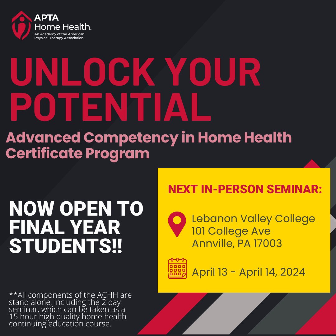 Register now for the next in-person ACHH Seminar! Students Now Welcome! Click here for more information & to register: loom.ly/4UInfl0 #AHH #APTAHomeHealth #APTA #HomeHealth #HomeHealthPT #HomeHealthPTA #PhysicalTherapy #PhysicalTherapist #PhysicalTherapistAssistant