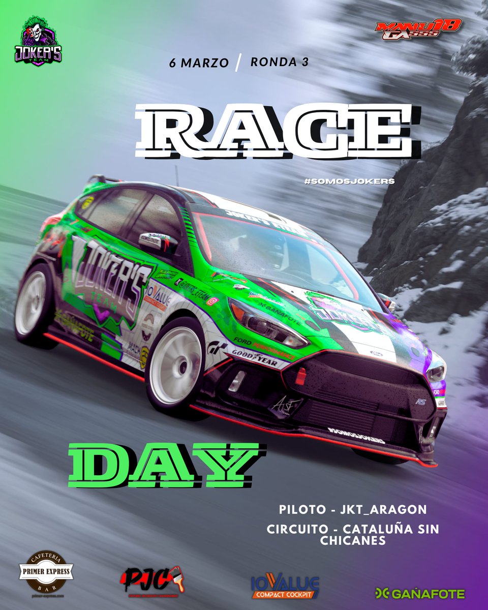 #GT7 #RaceDay

🏁 ¡R3️⃣ de MG18 Cup! 🏁
<a href="/AGarnata/">Alejandro Garnata</a> <a href="/18ManuGonzalez/">Manuel Gonzalez Simon</a>
Vaya carreron se viene hoy 🤯

🚗| Ford Focus RS
🗺️| Montmeló sin chicanes
👤| <a href="/a_aragon07/">Á. Aragón</a>
⏰| 21:00
🖌️| <a href="/AJSF_design/">AJSF_design</a>
🪧| <a href="/DanielMosteiro/">Daniel Mosteiro</a>

📺| Sigue la retransmisión en twitch.tv/alejandro_garn…

#SomosJokers 💚💜🃏