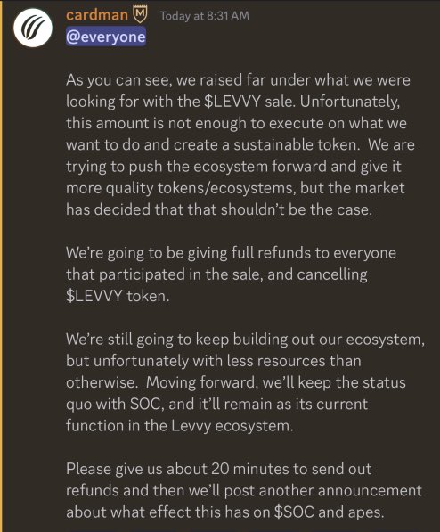 So <a href="/the_ape_society/">The Ape Society</a> y’all fucked your holders over making them sell at a loss to buy $levvy to then not go forward because 1 million dollars isn’t enough for your lending platform that’s already profited probably 1-2 million dollars… 
Yeah you guys suck.
Also, where’s the