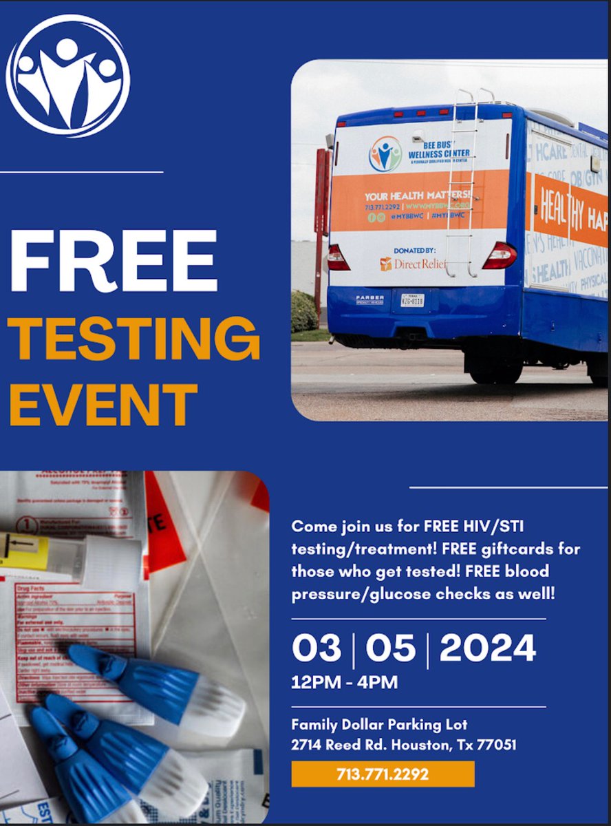 🐝 It's Tuesday and we're buzzing with excitement! 

Today, find us at the Family Dollar parking lot, 2714 Reed Road, for testing. KNOW YOUR STATUS! 

Free gift cards await those who get tested (while supplies last). Swing by and say hi from 12pm - 4pm! 
#Houston