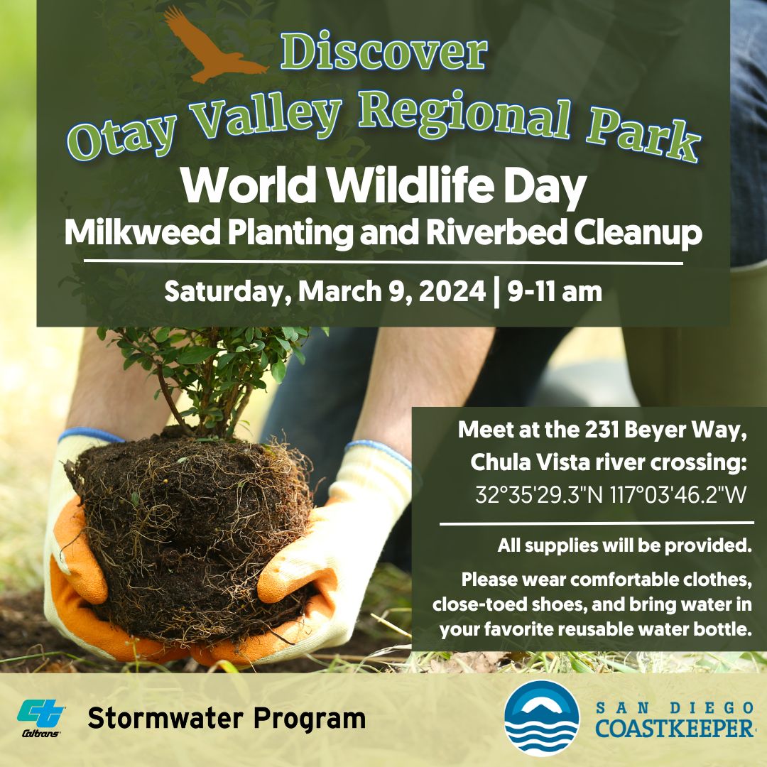 San Diego Coastkeeper (@sd_coastkeeper) on Twitter photo 👉Join us at Otay Valley Regional Park this Saturday, March 9th, from 9-11 a.m.
Tap the link to register and learn more! #CleanWaterCA
bit.ly/3P5ODWG
<a href="/CaltransHQ/">Caltrans HQ</a>
<a href="/SDCaltrans/">Caltrans District 11</a> 👉Join us at Otay Valley Regional Park this Saturday, March 9th, from 9-11 a.m.
Tap the link to register and learn more! #CleanWaterCA
bit.ly/3P5ODWG
<a href="/CaltransHQ/">Caltrans HQ</a>
<a href="/SDCaltrans/">Caltrans District 11</a>