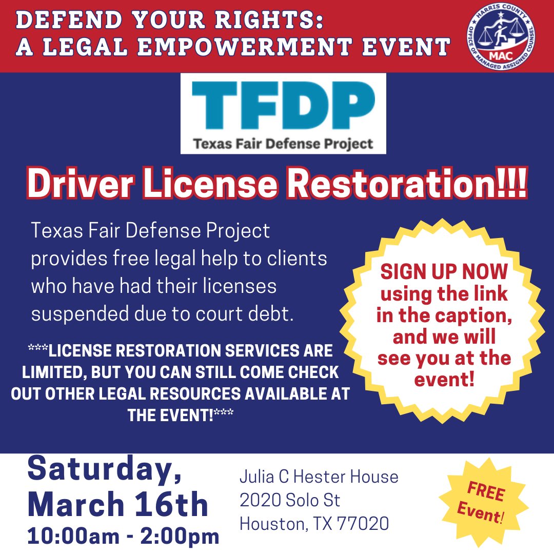 Registration is still open for our 3/16 driver's license clinic - use this link to sign up tinyurl.com/yz3dpkmn @hc_mac_office