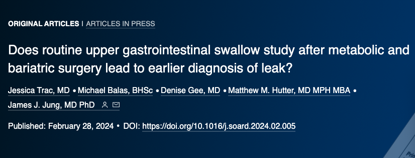 New study 📣 led by @tracjessica @SOARD_JOURNAL ☑️ 1/4 primary bari surg undergo routine postop swallow study ☑️ Routine swallow study not associated with earlier diagnosis of leak ✅ Consider not using this test routinely soard.org/article/S1550-…