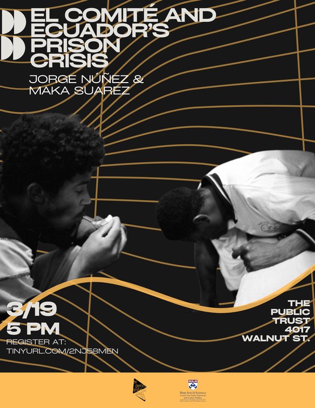 Kristina Lyons (@kristinalyons17) on Twitter photo The talented <a href="/trading_affects/">Jorge Núñez</a> will screen his award winning documentary, El Comité: La Toma del Penal García Moreno, on 3/19 in Philly. 🎥 followed by a conversation about Ecuador’s ongoing prison crisis.
👉🏽 eventbrite.com/e/el-comite-an…
<a href="/cee_upenn/">Center for Experimental Ethnography</a> <a href="/CLALS_UPENN/">CLALS</a> <a href="/UPennAnth/">UPenn Anthropology</a> The talented <a href="/trading_affects/">Jorge Núñez</a> will screen his award winning documentary, El Comité: La Toma del Penal García Moreno, on 3/19 in Philly. 🎥 followed by a conversation about Ecuador’s ongoing prison crisis.
👉🏽 eventbrite.com/e/el-comite-an…
<a href="/cee_upenn/">Center for Experimental Ethnography</a> <a href="/CLALS_UPENN/">CLALS</a> <a href="/UPennAnth/">UPenn Anthropology</a>
