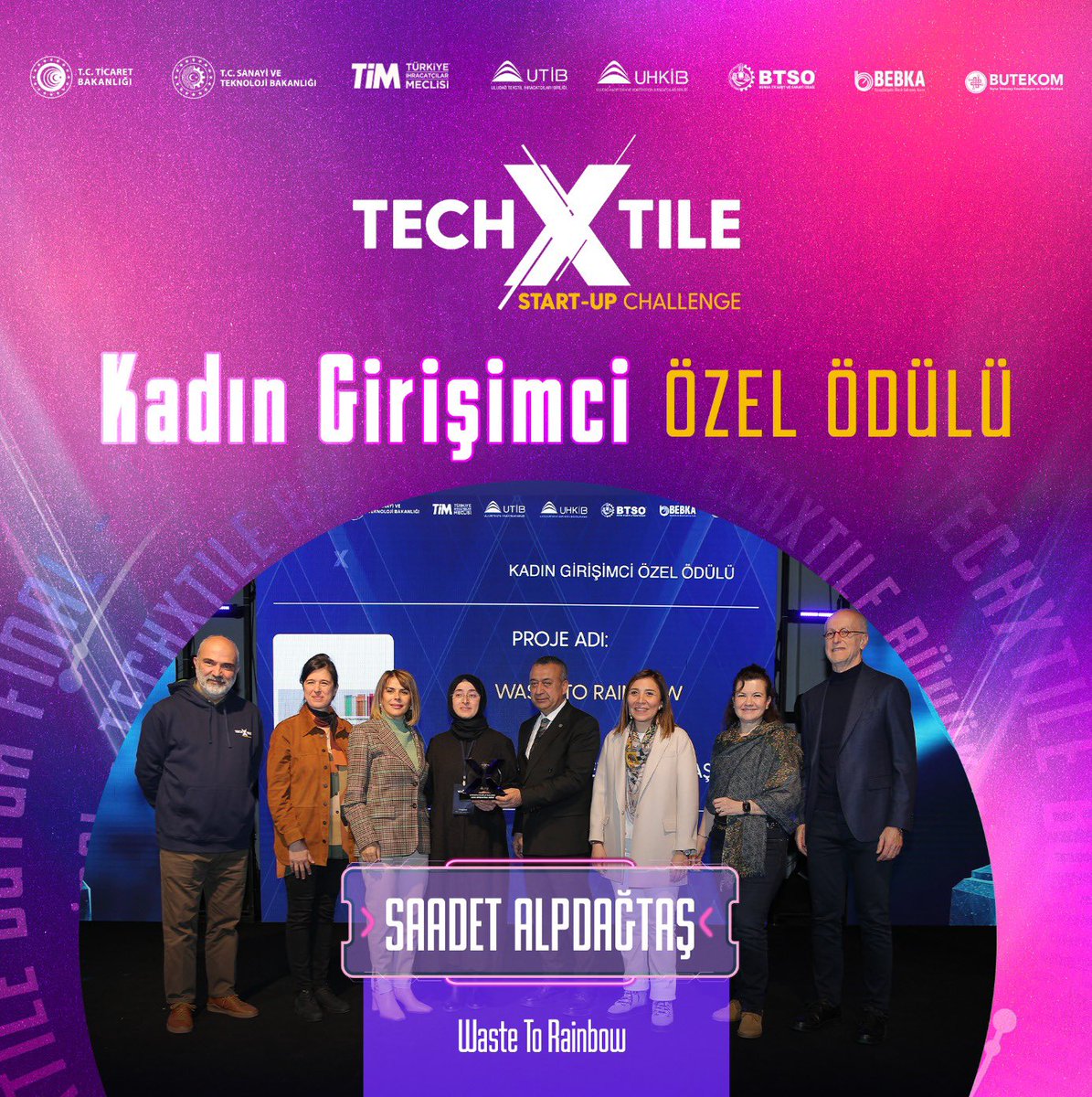 TechXtile Start-Up Challenge'da kazananlarımız belli oldu! Kadın Girişimci Özel Ödülünü Waste To Rainbow projesiyle almaya hak kazanan Saadet Alpdağtaş’ı kutluyoruz!