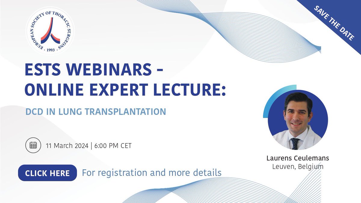 📢 Join our upcoming webinar on DCD in Lung Transplantation, featuring an expert lecture by @CeulemansLJ from Leuven, Belgium. 🗓 Date: Monday, 11.03.2024 🕕 Time: 18:00 CET 🔗 Registration: shorturl.at/ioxBQ ℹ️ Information: shorturl.at/hzL12