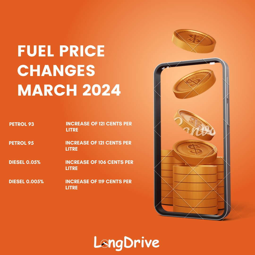 LongDriveSA's tweet photo. Fill up or not?

Unfortunately, it's a fill up Tuesday for motorists in South Africa😩. 

Herein are the fuel price changes for March 2024.

Reminder to download the LongDrive App and to also fill up your tank today.
#petrolprice #longdrive 
#carpooling  #ridesharing #fuelprices https://t.co/nnZvEWs5NY