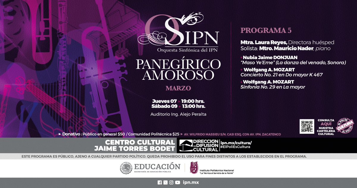 Nos complace invitarles a nuestro próximo programa;  “PANEGÍRICO AMOROSO” a cargo de nuestra directora huésped #LauraReyes y con la apreciable participación de nuestro solista #MauricioNader, piano. ¡Les esperamos! 🥳🎹

#OSIPN1raTemporada2024
#ElPoliEsCultura @IPN_Cultura