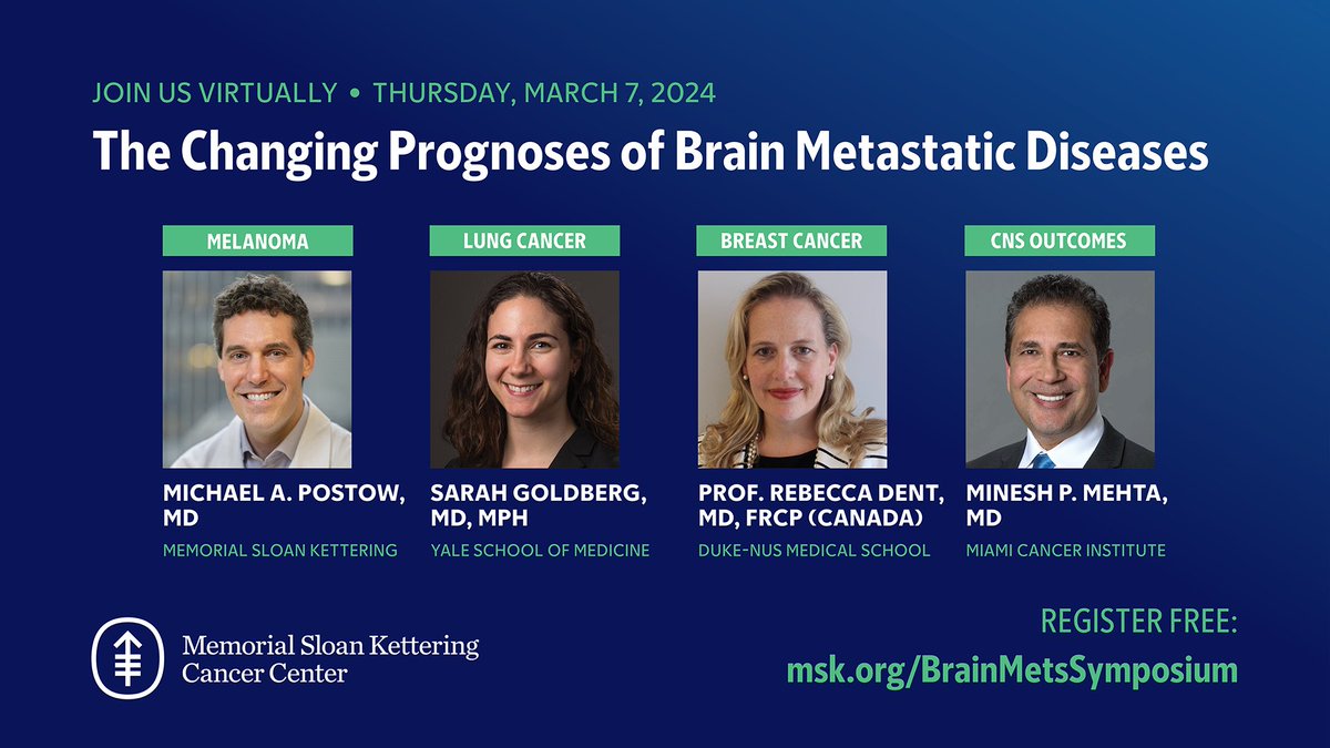 All-⭐️ lineup discussing changing prognoses with #brainmetastases across cancers: this Thursday 3/7 - Drs Michael Postow, Sarah Goldberg, Rebecca Dent and Minesh Mehta. Register (complementary) at bit.ly/BrainMets2024 #btsm @OncoAlert #lcsm #btsm @theABTA #medtwitter