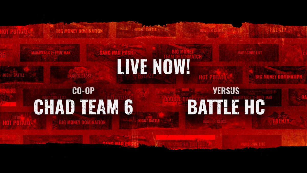 March's limited-time modes are now live! 🤝CO-OP - Chad Team 6: Who you call when the alphas in Alpha squad aren't cutting it. Fight more enemies with more supply. ⚔️ PVP - Battle Hardcore: Attack or defend the line with slower movement speed and slower capture speed.