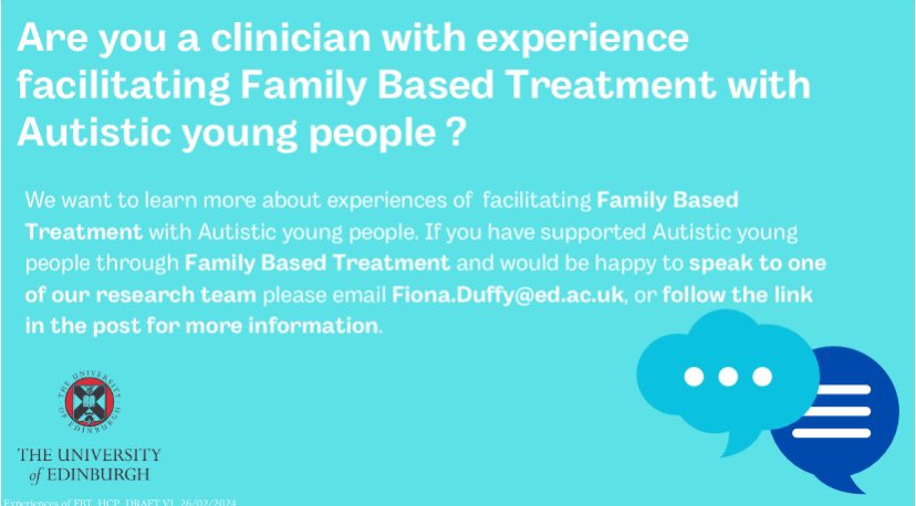 Similarly we are looking to interview FBT trained clinicians on their experience of facilitating FBT with Autistic young people. If you have delivered FBT for bulimia or anorexia with an Autistic YP in the past 3 years there is info here edinburgh.eu.qualtrics.com/jfe/form/SV_7a…