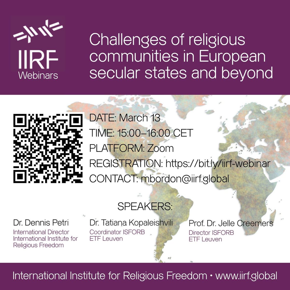 IIRF_ceo's tweet image. The IIRF launches its first webinar of the year! On 13/03 at 15:00 CET, Jelle Creemers and Tatiana Kopaleishvili, from ISFORB - ETF Leuven will talk about the "Challenges to religious communities in European secular states and beyond". Register here! bit.ly/iirf-webinar