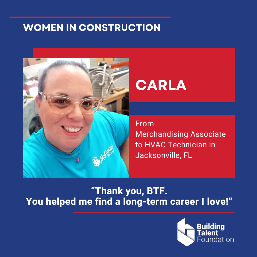 Like, Repost, Comment, &amp; Follow to join <a href="/webuildtalent/">Building Talent Foundation</a> in supporting more women like Carla in making the move to #construction. Check out exciting careers you may not even be aware of across all levels of the industry at hubs.la/Q02nfjPn0 #homebuilding #WomensHistoryMonth