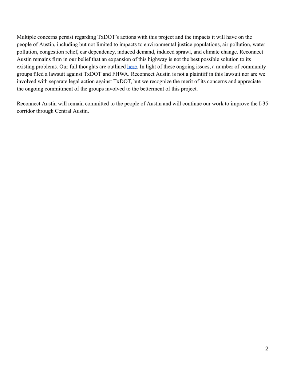 Please see below for Reconnect Austin’s statement regarding the future of I-35 and our advocacy on the project. More information is available on our website reconnectaustin.com