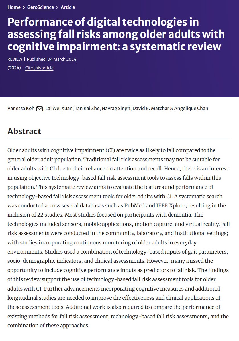 GeroScienceAGE's tweet image. 🆕Review in GeroScience from Angelique Chan&apos;s Lab:
Performance of digital technologies in assessing fall risks among older adults with cognitive impairment: a systematic review by Vanessa Koh et al.
link.springer.com/article/10.100…
#fallsriskassessment #fallprediction #cognitiveimpairment…
