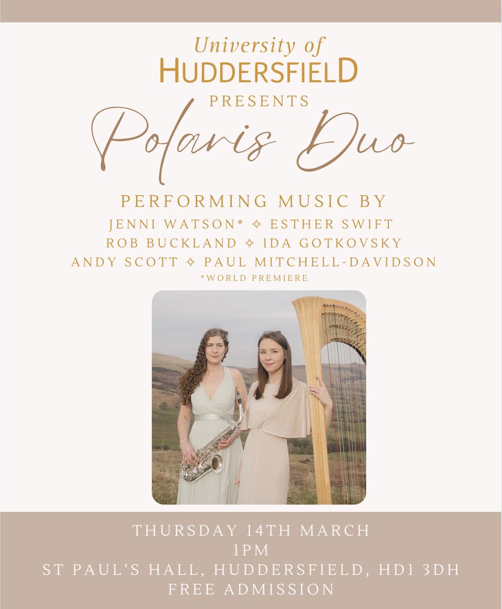 Polaris Duo (@polarisduo) on Twitter photo We’re really looking forward to performing and giving a masterclass <a href="/HuddersfieldUni/">University of Huddersfield</a> next week.
Our concert will feature the world premiere of our latest commission by <a href="/j_watson_music/">Jenni Watson</a> -it’s brilliant & we can’t wait to share it!
It’s free admission & we’d love to see you there We’re really looking forward to performing and giving a masterclass <a href="/HuddersfieldUni/">University of Huddersfield</a> next week.
Our concert will feature the world premiere of our latest commission by <a href="/j_watson_music/">Jenni Watson</a> -it’s brilliant & we can’t wait to share it!
It’s free admission & we’d love to see you there