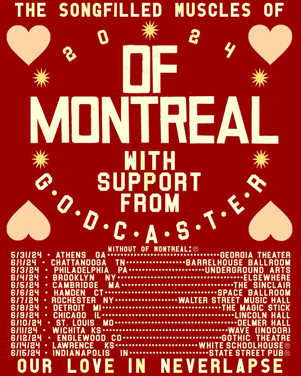 Godcaster (@godcasterband) on Twitter photo THIS SUMMER ✷ CASTER ON TOUR SUPPORTING <a href="/xxofMontrealxx/">of Montreal~shee/he(x)/thā/thm</a> • Our favorite band since adolescence
THANK YOU VERY MUCH & WE CANT WAIT TO NOT WAIT ✷ TICKETS: godcasterband.com/tour/ THIS SUMMER ✷ CASTER ON TOUR SUPPORTING <a href="/xxofMontrealxx/">of Montreal~shee/he(x)/thā/thm</a> • Our favorite band since adolescence
THANK YOU VERY MUCH & WE CANT WAIT TO NOT WAIT ✷ TICKETS: godcasterband.com/tour/