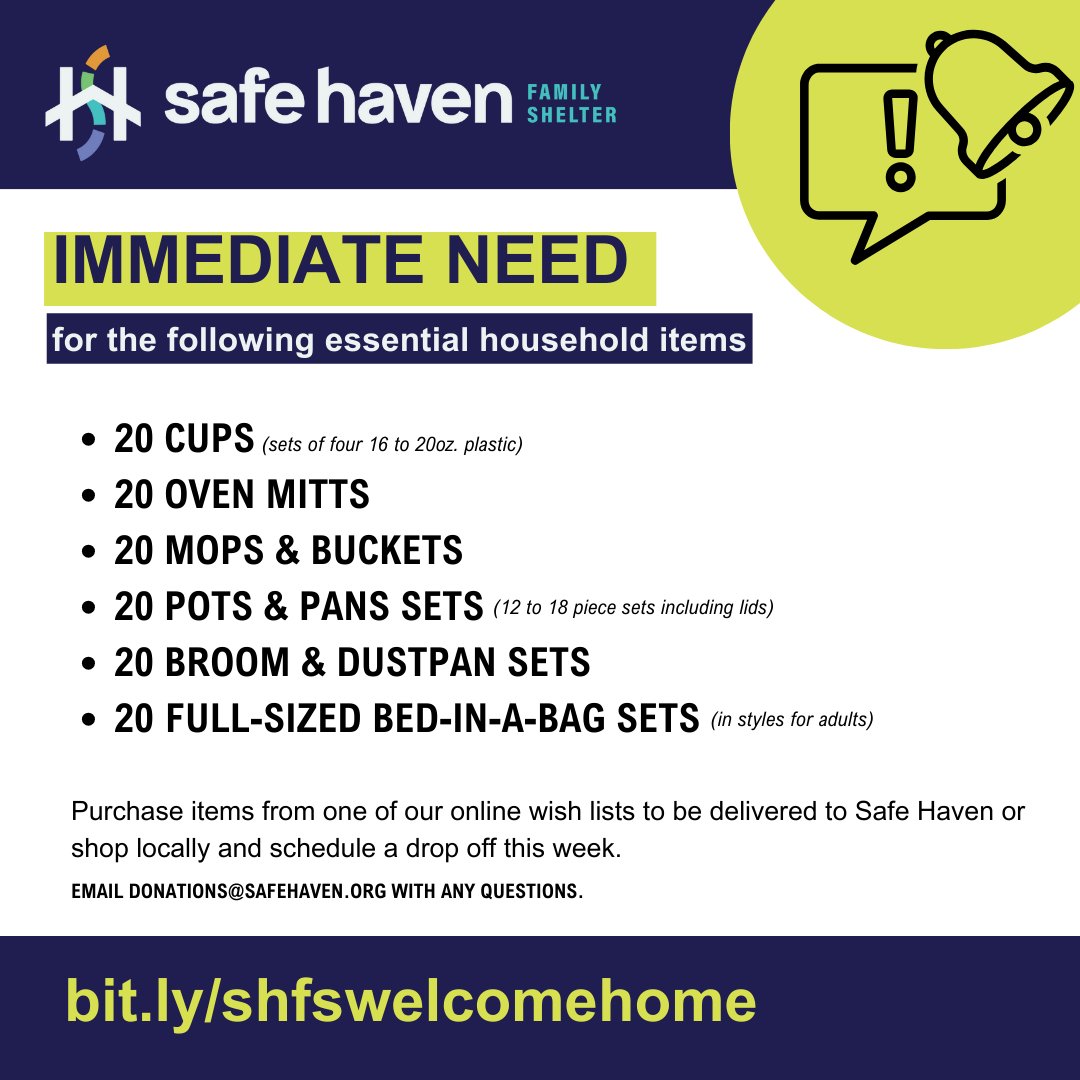 We are critically low on several essential household items that we provide to families in shelter and as they move in to housing. Your donations help us keep costs low and also make sure that families have those essential items the need to feel at home. bit.ly/shfswelcomehome