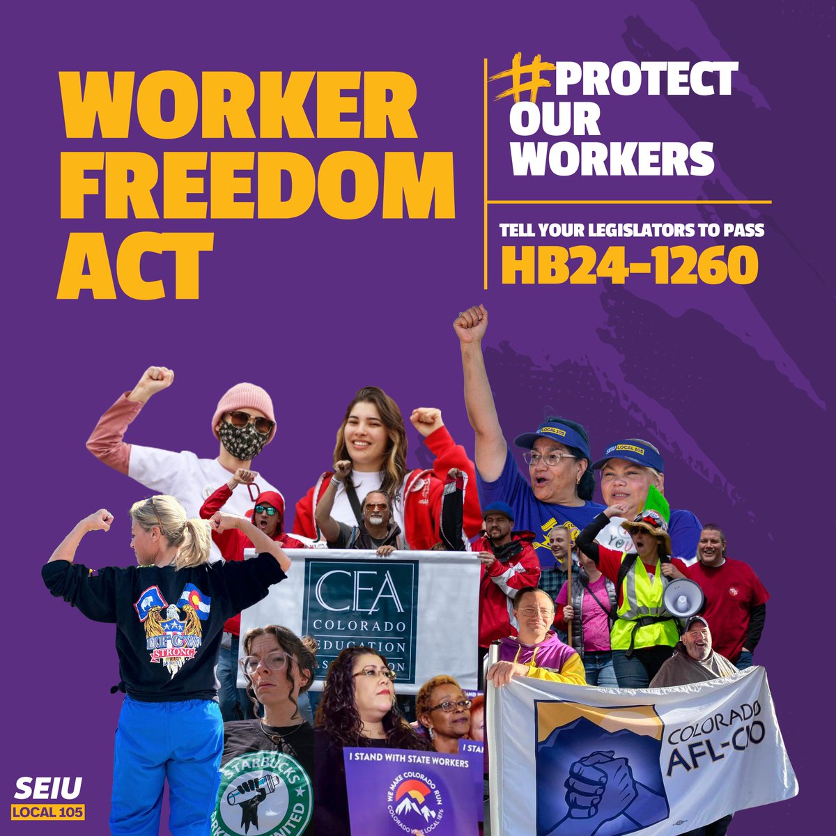 🚨 We're proud to stand with our union family ✊🏿✊🏽✊🏼 across CO in support of the #WorkerFreedomAct (HB24-1260), a new bill in #COLeg that would give workers the right to 🚫 refuse mandatory political and religious meetings at work! Learn more: seiu105.info/wfa24