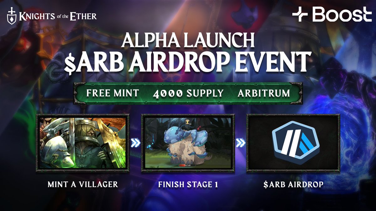 🚨 20,000 $ARB is up for grabs for our upcoming Free Mint!

We're airdropping 5 $ARB to every WL'd user who mints a Villager and beats Stage 1 👀

In partnership with <a href="/boost_xyz/">Boost</a> and <a href="/arbitrum/">Arbitrum</a> DAO
💙🧡

Ping your fave community below so that you can get your ARB Airdrop 👇