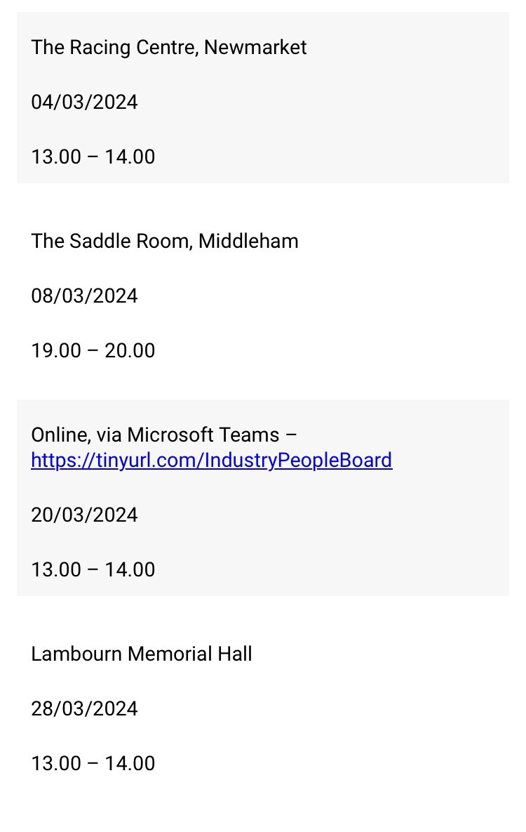 Tom_MBS's tweet image. The Horseracing Industry People Board @BHAHorseracing are heading out on the road. A note to all Racing and Stud Staff, be sure to attend if you can at The Saddle Room, Middleham and Lambourn., Memorial Hall, As the Newmarket event was poorly attended. #middleham #lambourn