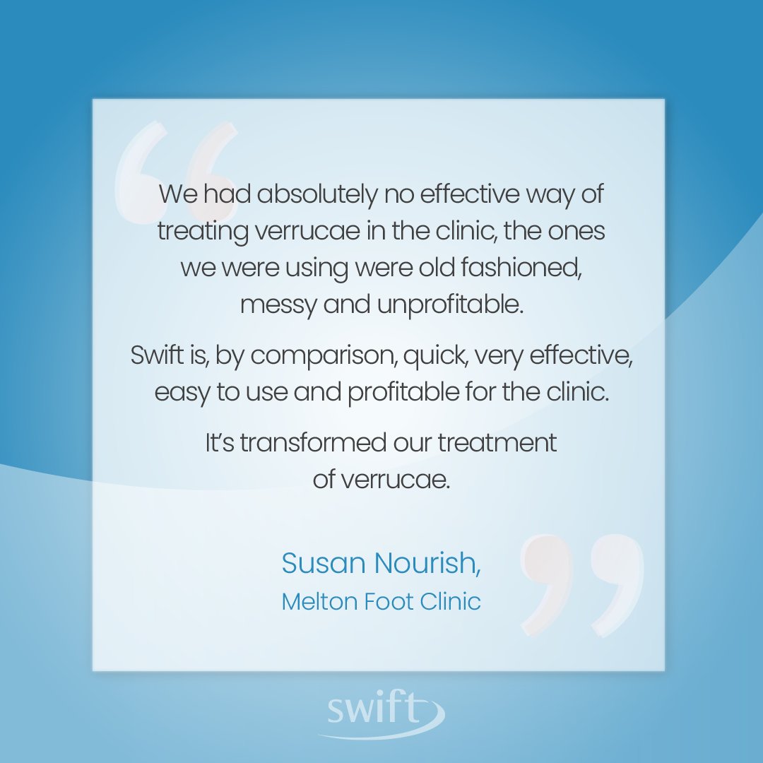 Melton Foot Clinic invested in Swift over 5 years ago and in their own words 'it's transformed our treatment of verrucae'. 

If you'd like to know more about Swift and the benefits it can bring your patients and your clinic, visit our website bit.ly/3V7vQOu
