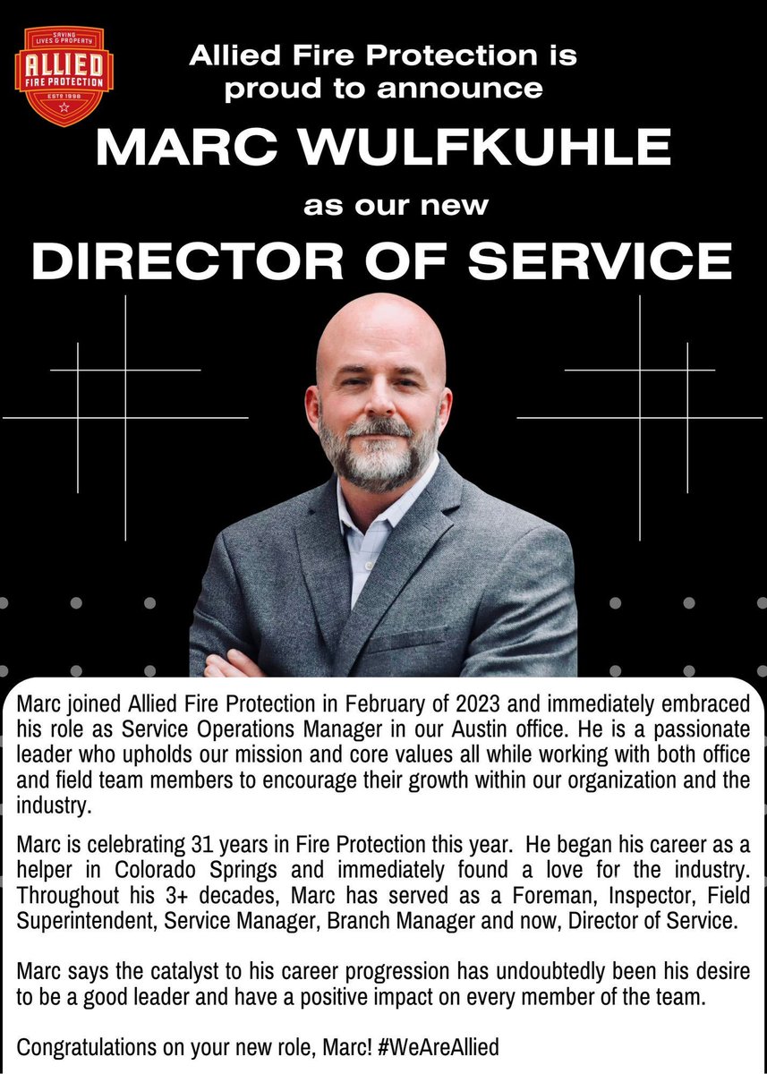 Allied Fire Protection is proud to announce Marc Wulfkuhle as our new Director of Service! 
 
Start your career in Fire and Life Safety with us TODAY! 
View all current opportunities here: buff.ly/3s1wSu6 
 
#WeAreAllied #fireprotection #AlliedFamily #houstonjobs