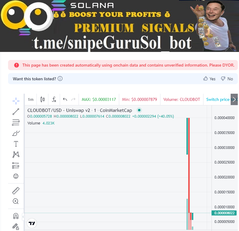 snipeguruvol's tweet photo. 5Mins| 2k+ buy| >50 trader  detected 🚨
📌 Name: #CLOUDBOT
📝 CA: 0x97F0b6FBb5B38b73eae43F9f9e51E8ee5592662D
└─🛑 Contract holds 0.9768% of Token supply!

🔐SNIPEscore 35/100
  ⚠️High Risk Issues 4

  ⏰ Pair age: 1h
📜 Contract Verify ✅
👨‍💻 Owner: 0x8af0472D3c2355c6060F29B96f7aaca77e82E1b2
🔥Percent LP #BURN: 0%

💰 MC: $54,669
📊 Traders: 61
🔫 Bots/Contracts: 1

🛒 Taxes: Buy: 0.000% | Sell: 98.983%

🌊Liq ETH: 4.79485 ETH
💠Volume: $NaN | 🚨 Buy 5M: $31,233
└ 🟢 Buy: $39,668 
└ 🔴 Sell: $NaN
💵 Price: $0.0₅5466

👥 Socials: https://t.co/jWfaAEJ19p https://t.co/yolQSPNm6w

🔍 https://t.co/TAxjoHT3uP | https://t.co/L6WwyevoOU | https://t.co/PrClboO5TV