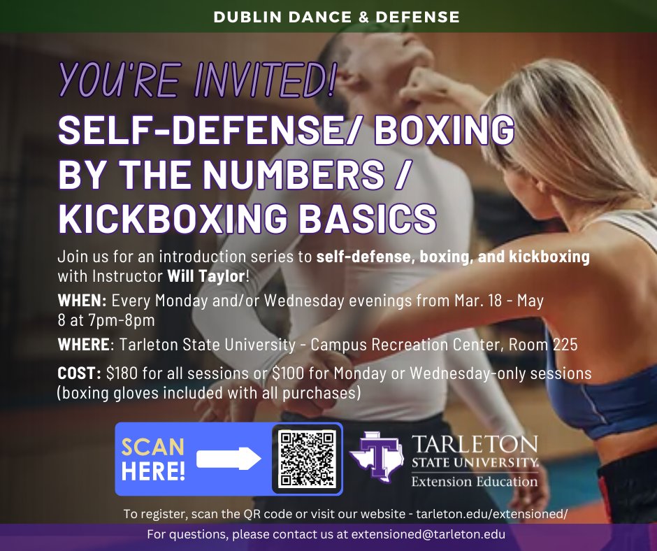 Dance and Defense courses are back AGAIN! Join us after Spring break for an 8-week course of dance and/or defense on Monday and Wednesday nights at the Campus Recreation Center (Stephenville).

Register here: bit.ly/47YSlsx