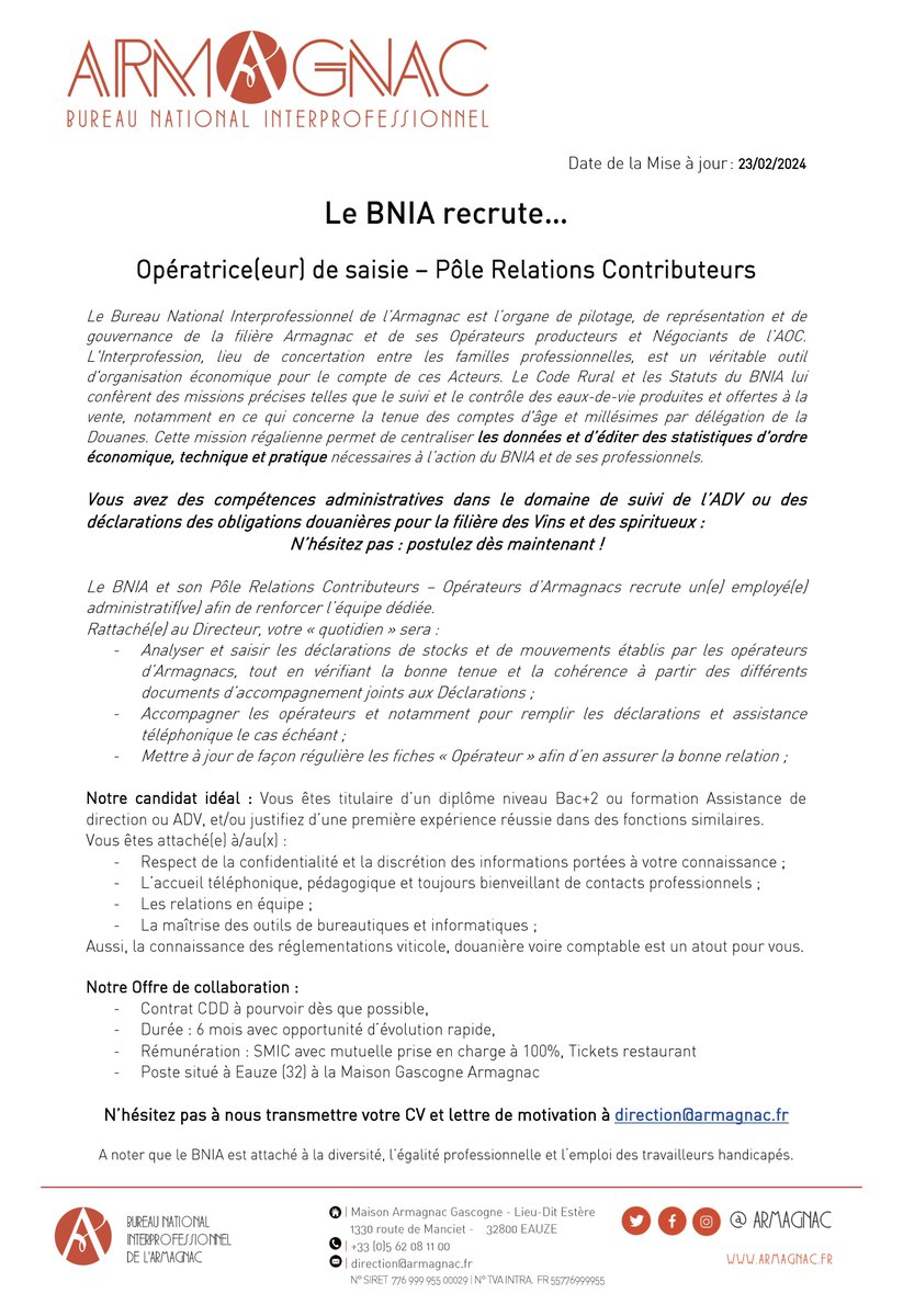 | #offredemploi #armagnac | Le BNIA recrute !
Le Bureau National Interprofessionnel de l'Armagnac, basé à Eauze, (32) recherche un(e) Opératrice(eur) de saisie au sein de son Pôle Relations Contributeurs.
N’hésitez pas à transmettre votre CV  à : direction@armagnac.fr