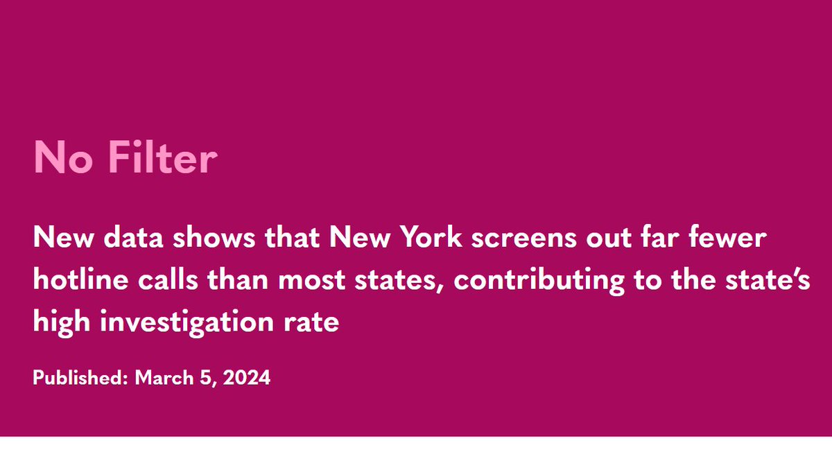 1/ Each year, the SCR subjects thousands of NY children—the vast majority of whom are Black or Latine—to intrusive & traumatic investigations b/c it doesn't use its hotline call screen-out authority on par with the rest of the nation. @familypolicynyc bit.ly/3ToqHzl