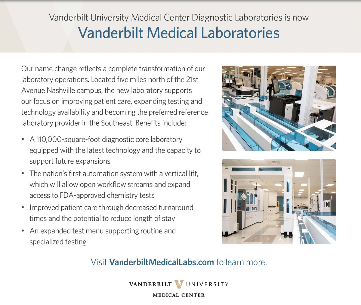 Vanderbilt Medical Labs is official! A true testament to our commitment to cutting-edge research and healthcare innovation. I am proud of all of our team members in this multi-year effort! @vumcpathology #LabMedX tinyurl.com/5b5zts8a