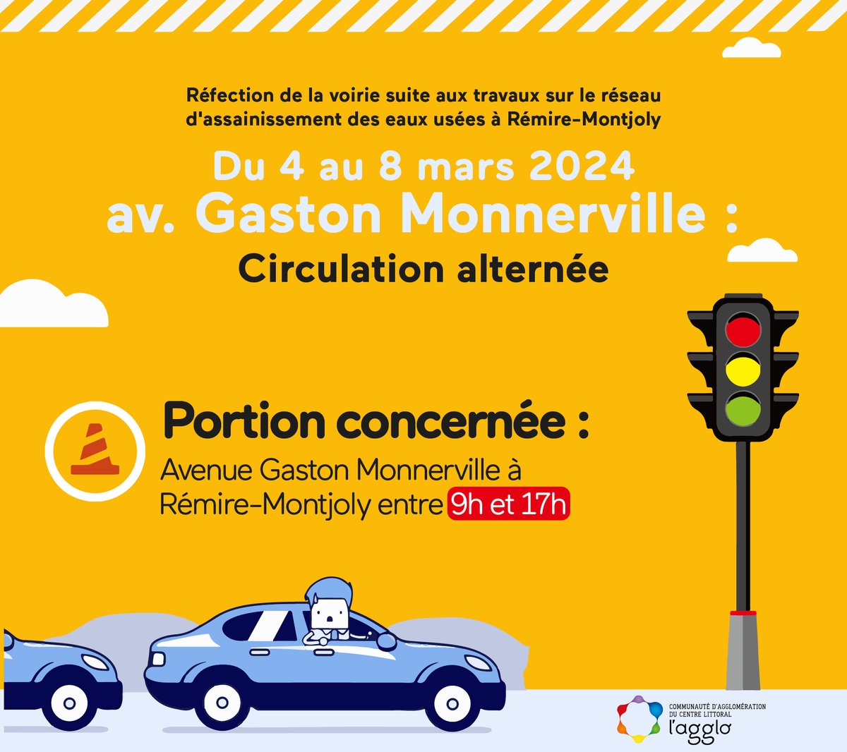 🚧#TRAVAUX
Circulation alternée à l’avenue Gaston Monnerville de <a href="/remiremontjoly/">Rémire-Montjoly</a> , en raison des travaux de réfection de voirie suite aux travaux de raccordement du réseau d’assainissement collectif de la <a href="/CACL_GUYANE/">CACL</a>.
Lundi 4 au vendredi 8 mars 2024