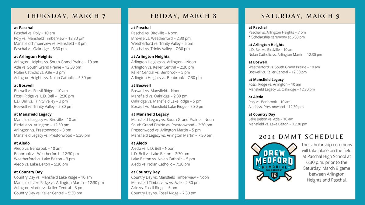 In anticipation of rain, schedules have been altered and are reflected here. All start times at all sites on Thursday have been moved up one hour and all start times at all sites on Friday have been moved back one hour. We will see you at the Drew! #drewmode #dmmt2024