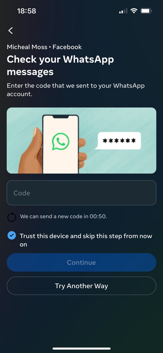 m1key_m's tweet photo. So Facebook is finally letting me “log back in” however I have to approve my login and neither option works? 

There is no “notification” nor any WhatsApp message received with a code. 

Anyone else experiencing this or just me? 😭 https://t.co/BX0wUXv3QH