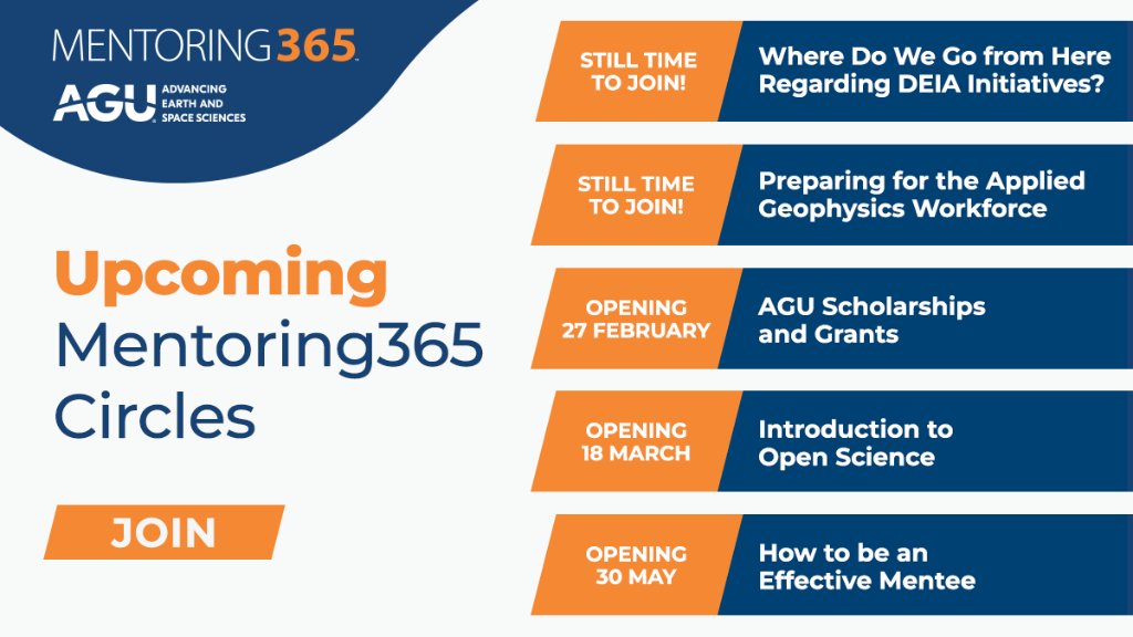 AGU's Mentoring365 program has some exciting Circles kicking off soon and even two that are open & thriving now! Join today! 👉 lite.spr.ly/6001ij7 #AGU