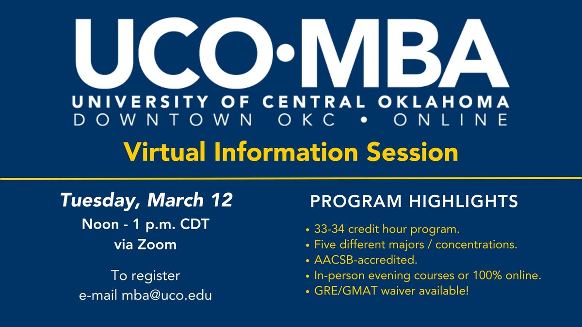 Looking for a degree that gives you the skills needed to thrive in today’s job market? Designed to shape your leadership skills, our MBA program offers five majors either in person or 100% online. We have the right fit for you! Learn more at go.uco.edu/MBAInfo2024! #UCOBusiness