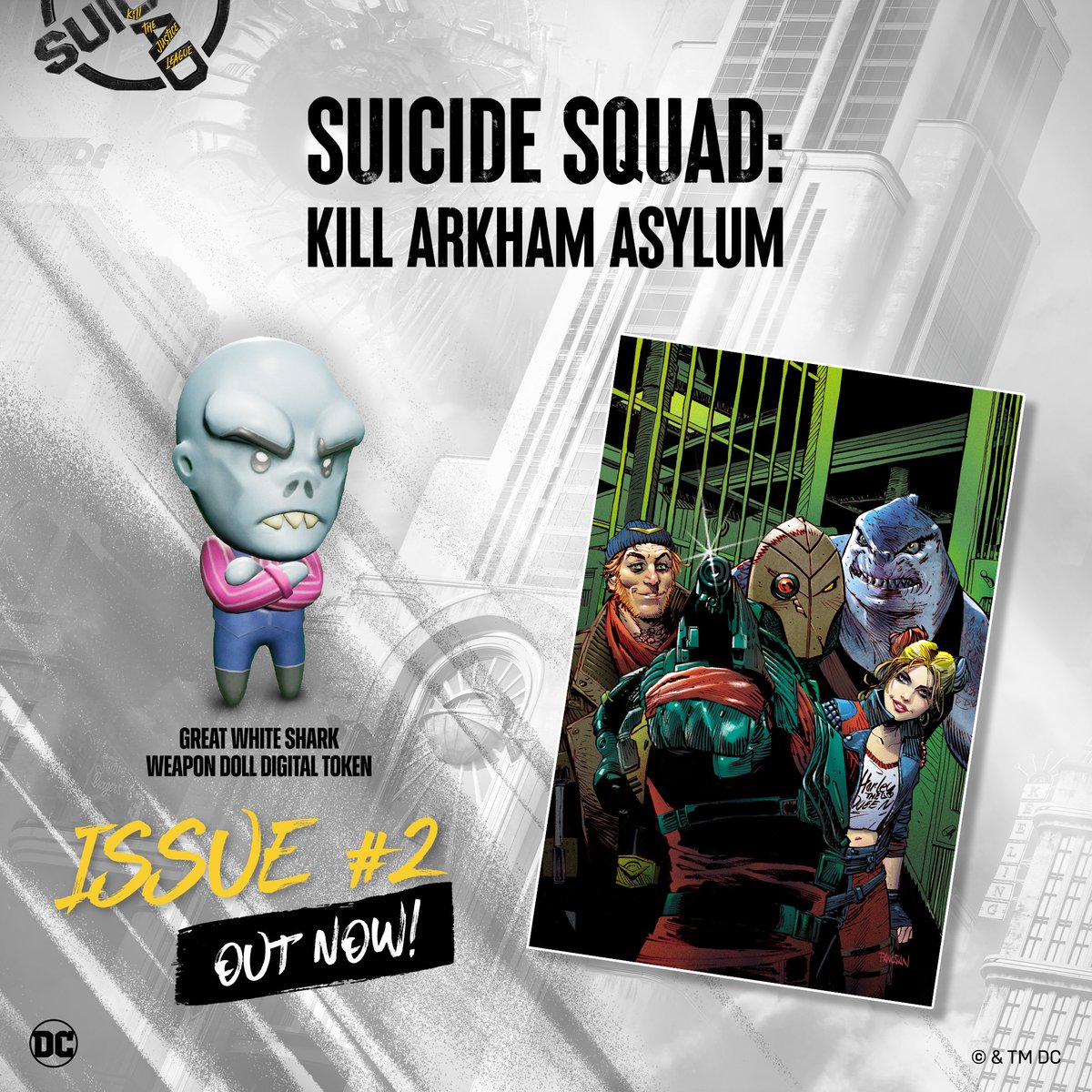It's a riot! Catch the Squad's mission prior to Brainiac's invasion in issue 2 of SUICIDE SQUAD: KILL ARKHAM ASYLUM, out now! 
Redeem the code included in this issue to add the Great White Shark Weapon Doll to your in-game inventory. #SuicideSquadGame